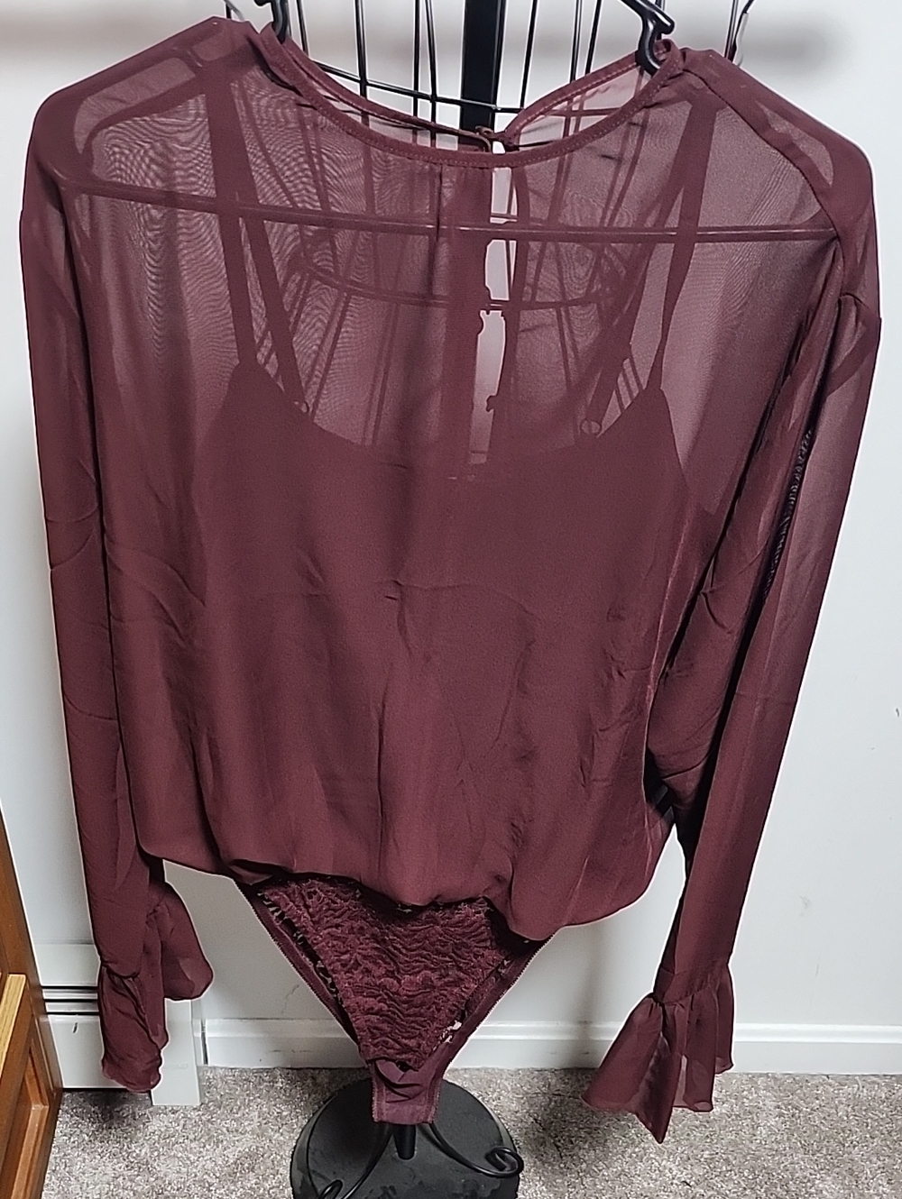 Women's Long-Sleeve Sheer Bodysuit in Burgundy